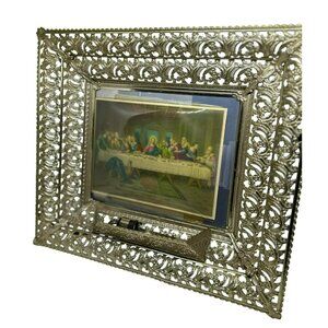 VTG Mid-Century Modern Last Supper Art Print Ornate Metal Frame Religious Decor